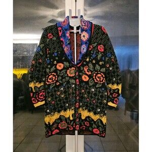 IVKO Merino Wool Coatigan Black Floral Cardigan Sweater Jacket Womens Sz 36 S